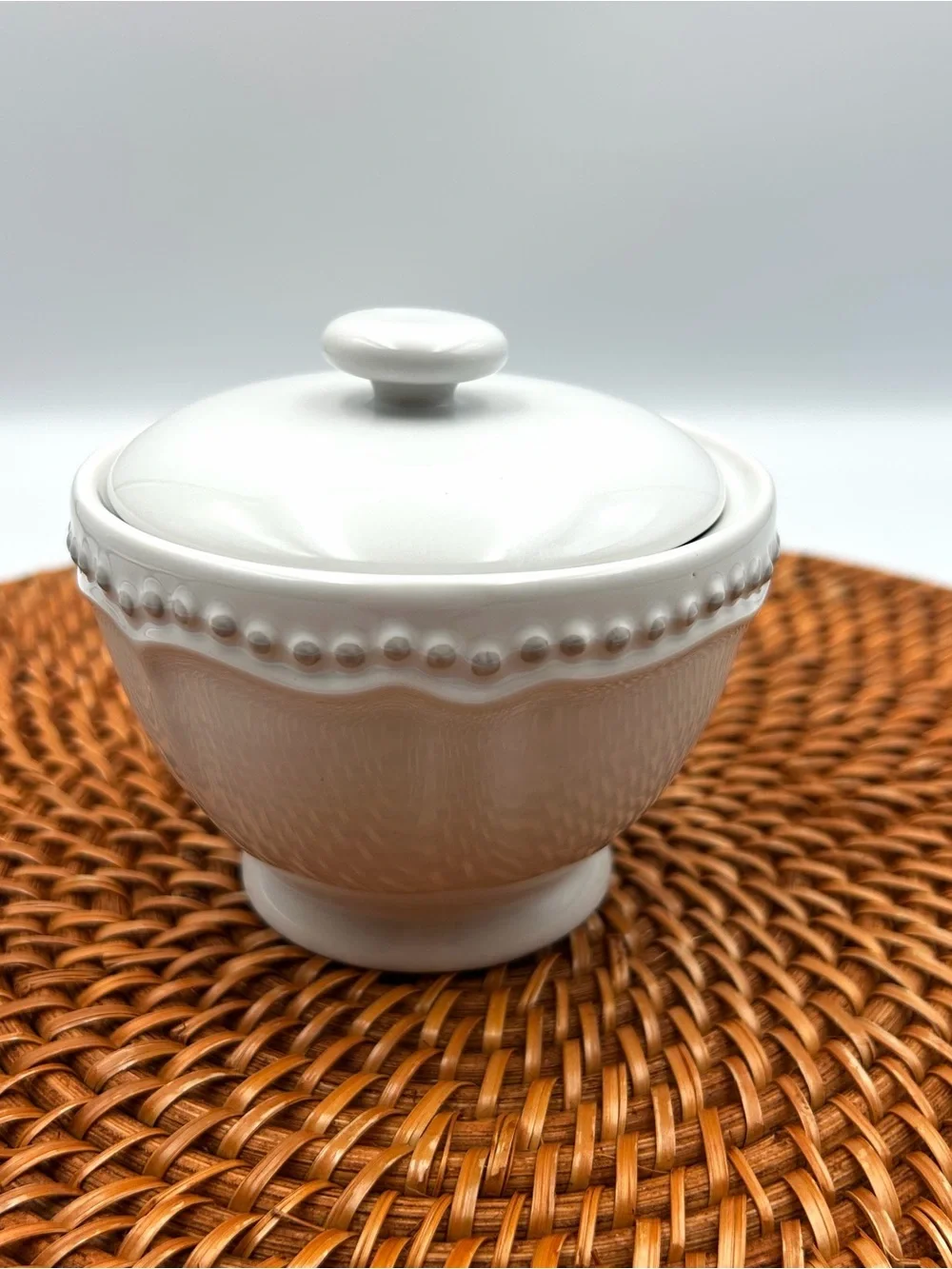 Pottery Barn Emma White Beaded Sugar Bowl Ceramic Rustic Farmhouse With Lid